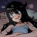 Anime girl with messy hair looking at a glowing smartphone screen in the dark with a manic expression.