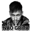 Neymar making a shush gesture with his finger to his lips with the text NAO GRITA below.