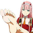 Zero Two from Darling in the Franxx looking smug while presenting her feet to the viewer.