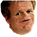 Gordon Ramsay with a distorted, smug, and mischievous facial expression.