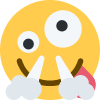 A yellow smiley face with wide, mismatched eyes and steam blowing out of its nostrils while wearing a goofy grin.