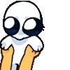 Autism creature with wide eyes being held up by two hands.