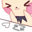Pichu character smiling with closed eyes while a heart icon cycles colors below it.