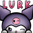 Kuromi with a purple hood and a pink skull icon winks while peeking over a ledge with the word LURK written above her.