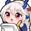 Anime dragon girl with white hair and blue horns looking surprised while holding a pencil and notebook.