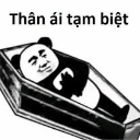 A cartoon panda face with a smug expression lying inside a coffin with text above it.