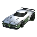 A silver and green Rocket League car angled forward, ready for action.