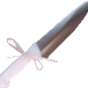 A silver sword with a white ribbon tied around the hilt.