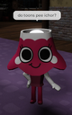 A red lamp-headed toon character with large eyes and a speech bubble asking do toons pee ichor.