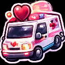 Ambulance decorated with hearts and a large heart on top.
