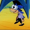 A cartoon character with large eyes and sharp teeth wearing a dress shirt and tie looking suspiciously to the side.