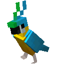 A pixelated blue parrot with a green crest and yellow chest standing in a Minecraft style.