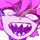 A stylized character face with a wide, jagged-toothed grin and intense, glowing eyes in shades of pink and purple.