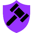 Gavel centered over a shield icon in a flat purple and black style.