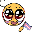 A yellow smiley face with large, watery, heart-filled eyes holding a small transgender pride flag.