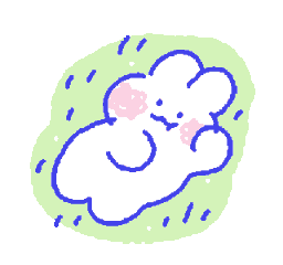 A tiny white bunny with pink cheeks laying down on a patch of green grass.