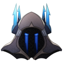 Hooded warrior wearing dark armor with glowing blue eyes and a metallic helmet.