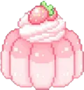 Strawberry cake topped with whipped cream rendered in a cute pixel art style.