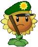 Sunflower wearing a green police hat with a stern expression.