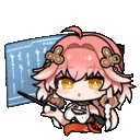 Changli from Wuthering Waves in a chibi style reading a blue holographic screen.