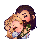 A bearded man hugging a blonde woman in a cute chibi art style.