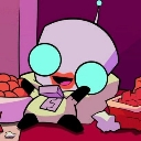 Gir from Invader Zim smiling widely with bright blue eyes while holding a snack.