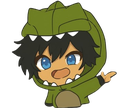 A chibi character in a green dinosaur hoodie pointing behind them with a confused and surprised expression.