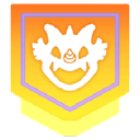 A white toothy creature face centered on an orange and yellow shield icon.
