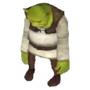 Shrek standing with his head hung low and arms dangling in a defeated posture.