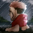 Yuji Itadori with a distorted, tiny body crawling through the rain.