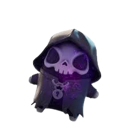A small, cute grim reaper character with a purple skull face and a black hood.