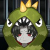 Vergilius from Limbus Company with a grumpy expression wearing a green dinosaur onesie hood.