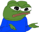 Pepe the Frog shrugging with a confused and indifferent expression while wearing a blue shirt.