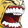 A yellow tennis ball character with a wide, screaming mouth and sharp teeth.