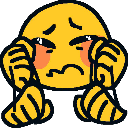 Yellow smiley face with closed eyes and a wavy mouth pressing its hands against its flushed cheeks in distress.