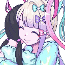 Ame-chan with pastel hair and bows hugging someone while smiling with eyes closed.