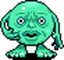 A mint-colored blob with a wide-eyed, concerned human face and small feet looking directly forward.