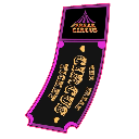 A black circus ticket with gold text and a pink border.