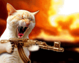 A cat firing a rifle with a fiery explosion in the background.