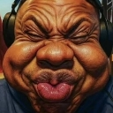 A man with a heavily distorted face and headphones puckering his lips in a funny expression.