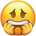 Yellow emoji face with a worried expression and hands held up to its mouth in a nervous gesture.