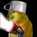 Cheems the dog wearing a metal pot on his head and holding a bright flashlight.