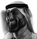 Man with a chiseled jawline wearing a traditional ghutra and agal, smiling with a confident expression.