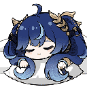 Chibi girl with blue hair sleeping peacefully on a white pillow.