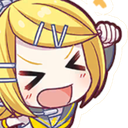 Kagamine Rin with a wide, excited grin and her hands raised in a cheering gesture.