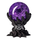 Crystal ball glowing with purple energy held by dark hands with a silver pentagram charm.