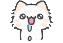 A cute white cat with wide, sparkling eyes and its tongue out with blue drool dripping down.