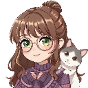 A girl with brown hair and glasses smiling gently while a small cat rests on her shoulder.