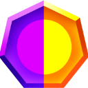 Hexagon shape split down the middle with purple on the left and yellow on the right.