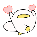A cute white creature with a yellow beak rapidly throwing pink hearts into the air.